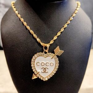 COCO CHANEL CC 18K GOLD PLATED HEART PENDANT WITH ARROW ON GOLD PLATED NECKLACE